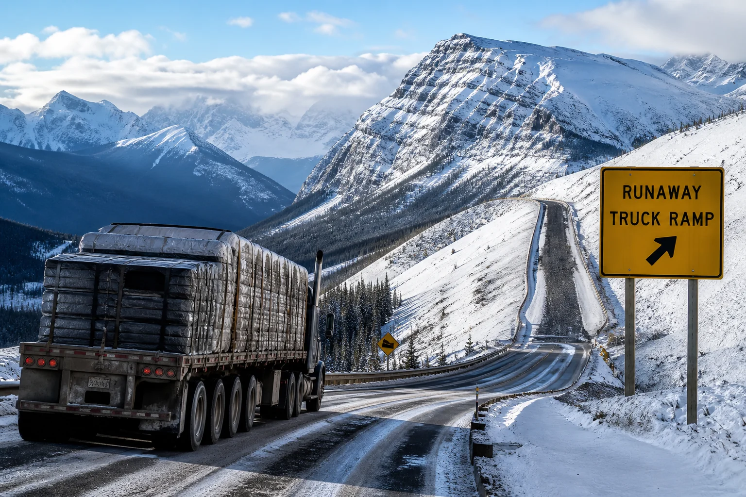 Semi-truck descending a dangerous mountain pass with a runaway truck ramp.