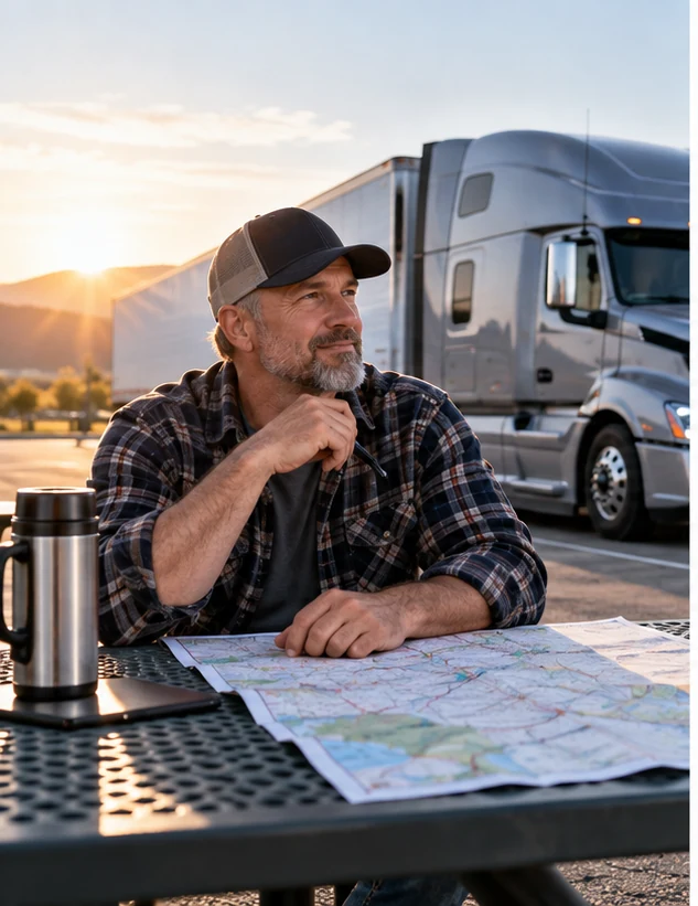 Truck driver planning a route beside a semi truck at sunrise.