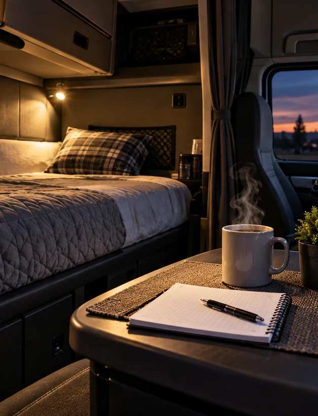 A calm sleeper cab with tea and a notebook prepared for an evening reset.