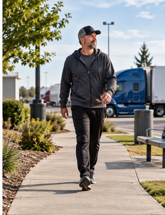 Truck driver taking a walk on a safe paved path at a truck stop.