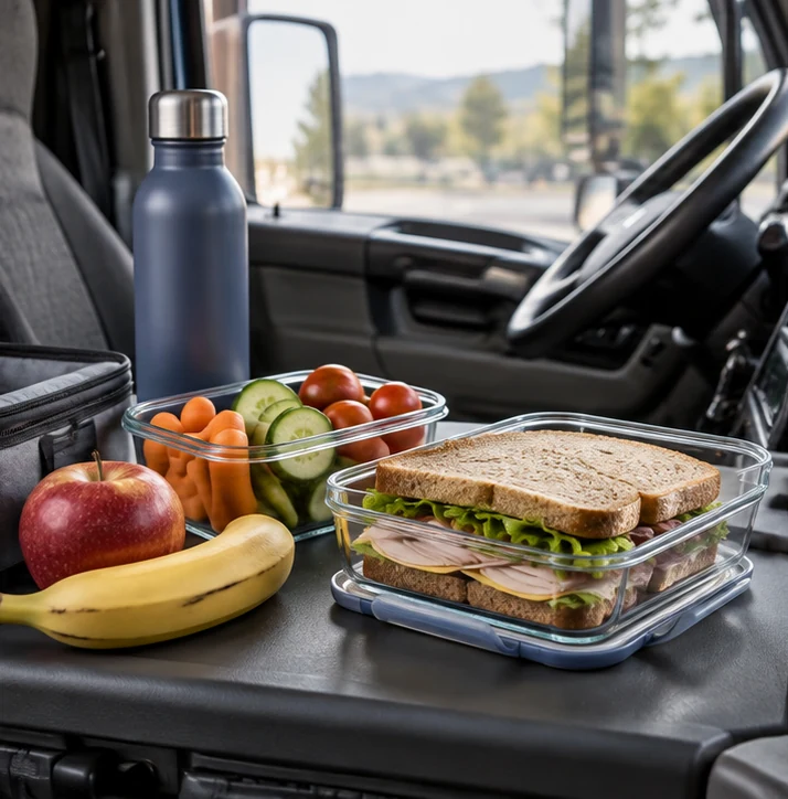 A simple healthy meal and water bottle prepared inside a truck cab.
