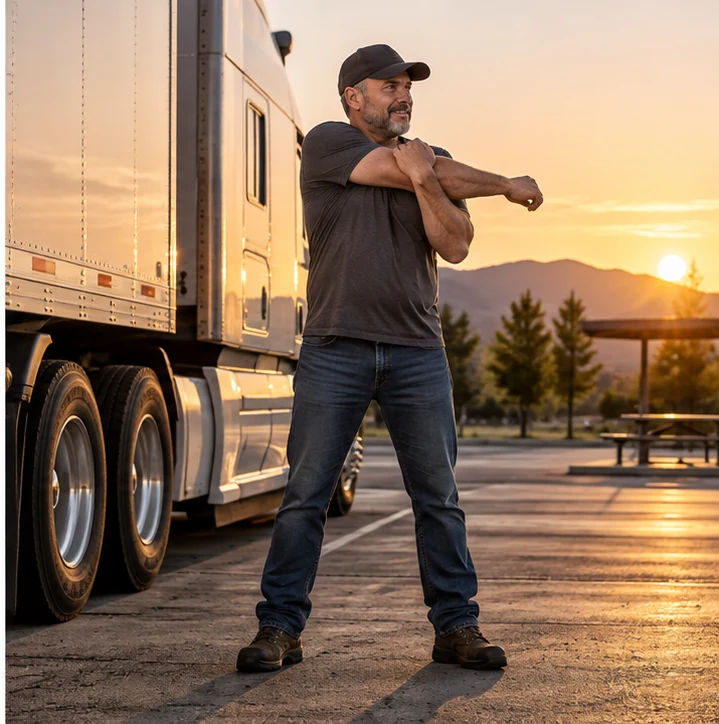 Truck driver stretching beside a parked semi truck at a rest area.