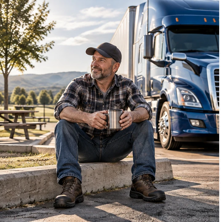 Truck driver taking a relaxed morning break beside a semi truck.